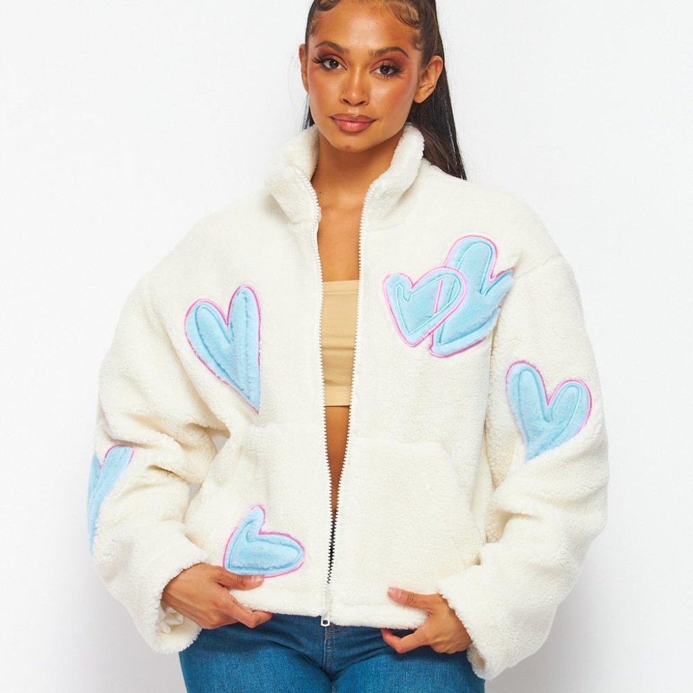 Valentine’s Day Sherpa Cozy Oversized Sweater Jacket with Hearts Love White Blue